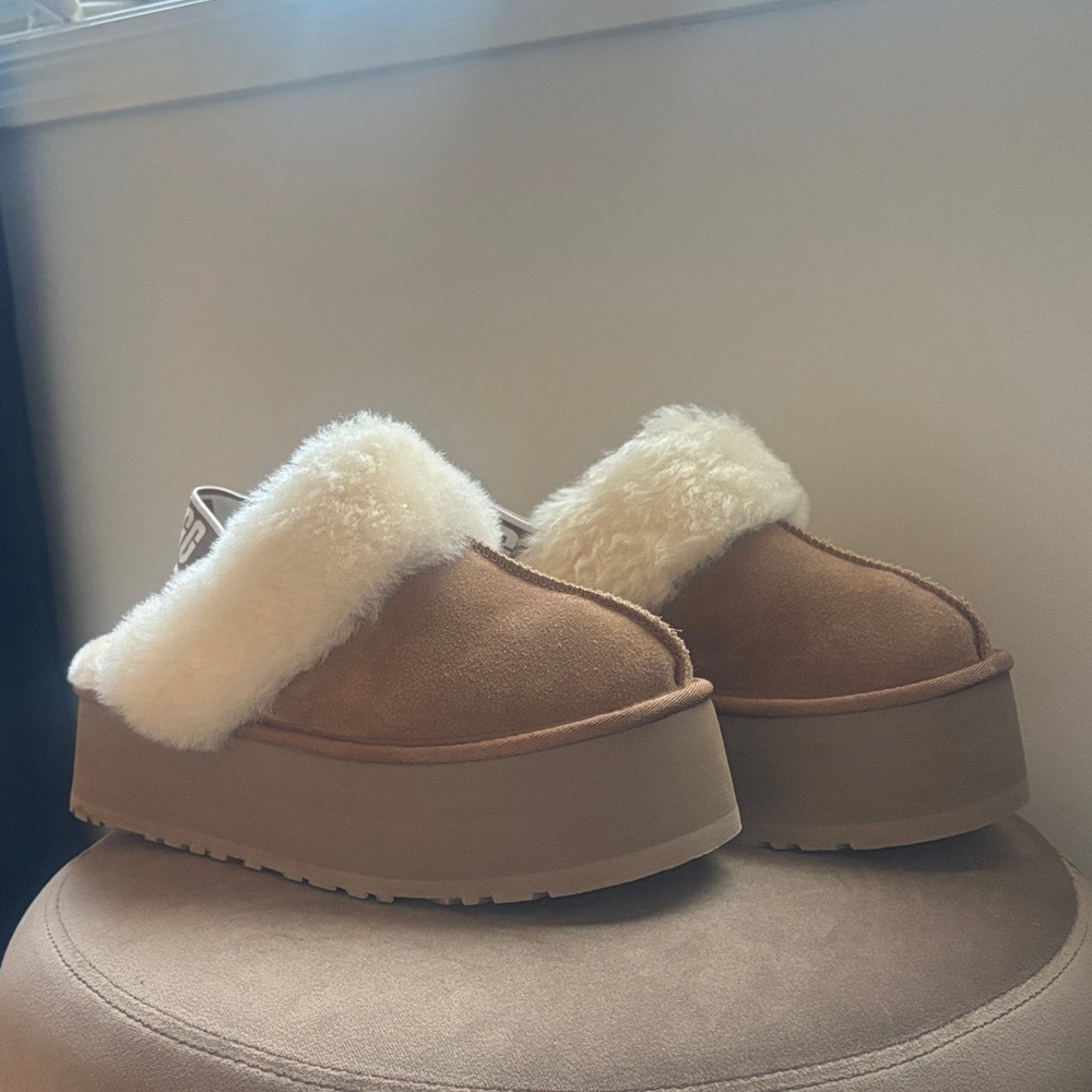 UGG Tan and Cream Fluffy Platform Mules